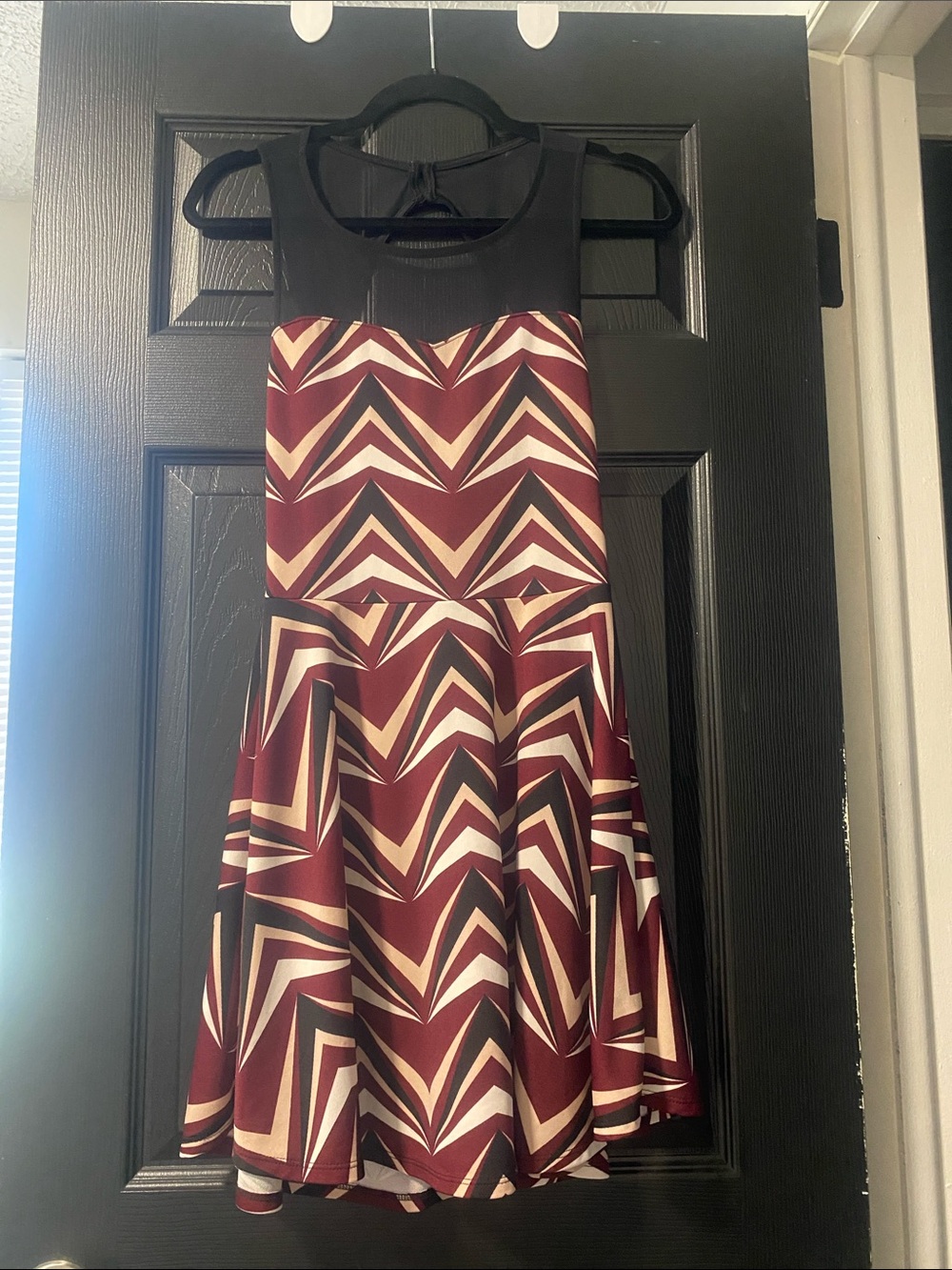 Charlotte Russe Burgundy, Black & Cream Chevron Fit-and-Flare Mini Dress